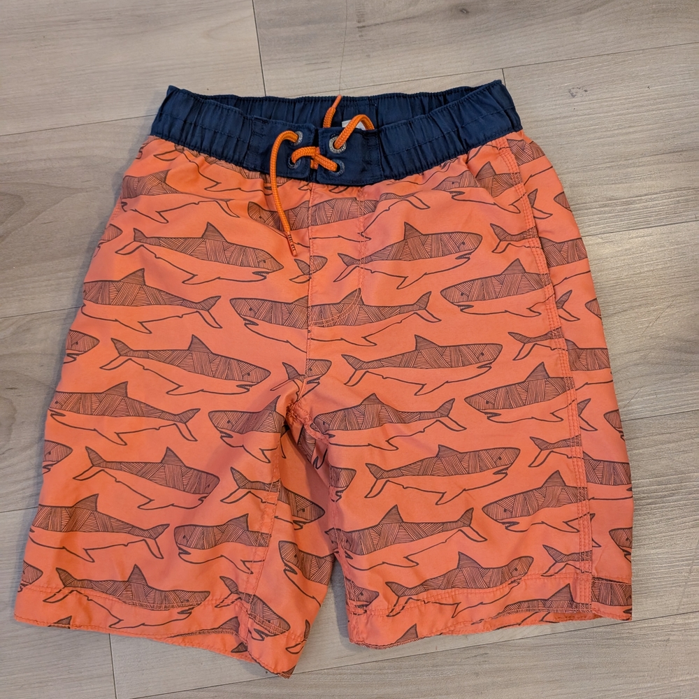 Orange Shark Print Kids Swim Shorts
